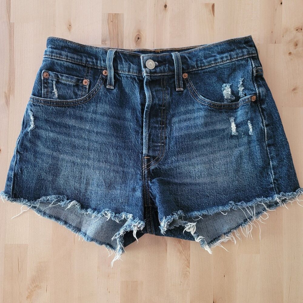 Levis Womens 501 Jean Shorts Dark Wash W27 Button Fly Cut Off Mid-Rise Distress